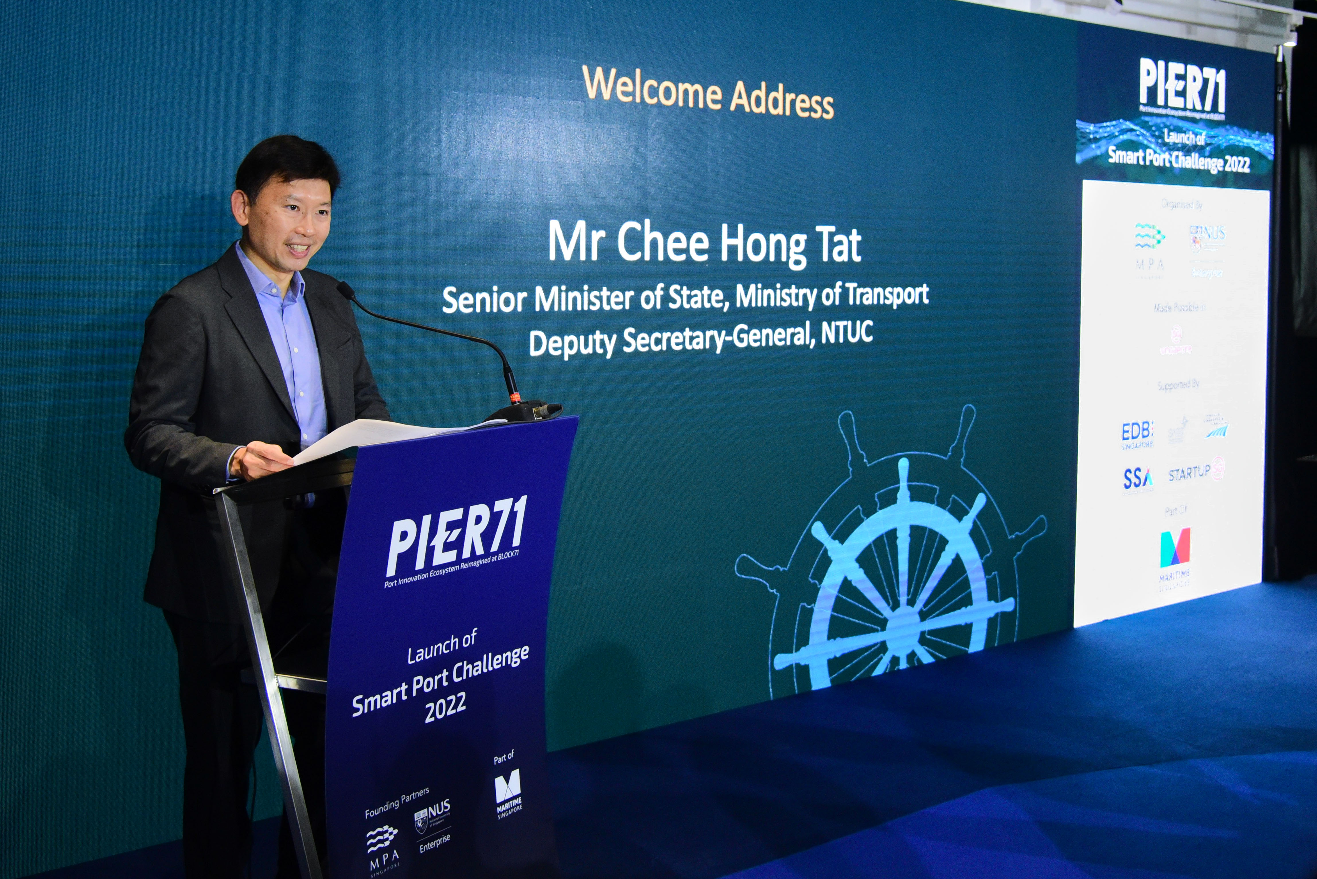 Senior Minister of State, Chee Hong Tat, delivering his opening speech at the launch of Smart Port Challenge 2022