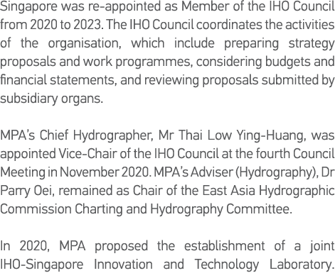 Singapore was re-appointed as Member of the IHO Council from 2020 to 2023  The IHO Council coordinates the activities   