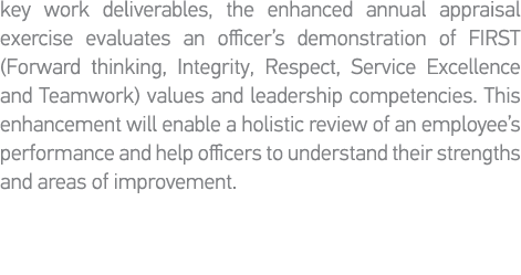 key work deliverables, the enhanced annual appraisal exercise evaluates an officer s demonstration of FIRST (Forward    