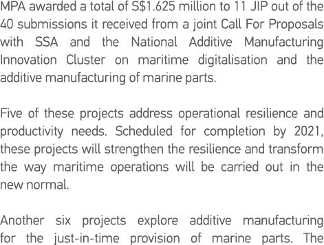 MPA awarded a total of S 1 625 million to 11 JIP out of the 40 submissions it received from a joint Call For Proposal   
