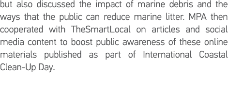 but also discussed the impact of marine debris and the ways that the public can reduce marine litter  MPA then cooper   