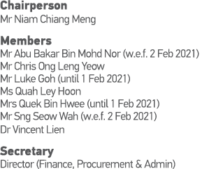 Chairperson Mr Niam Chiang Meng Members Mr Abu Bakar Bin Mohd Nor (w e f  2 Feb 2021) Mr Chris Ong Leng Yeow            