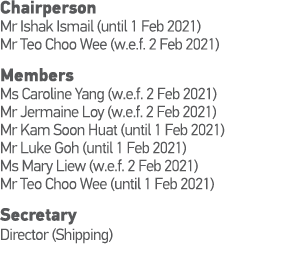 Chairperson Mr Ishak Ismail (until 1 Feb 2021) Mr Teo Choo Wee (w e f  2 Feb 2021) Members Ms Caroline Yang (w e f  2   
