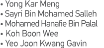   Yong Kar Meng   Sayri Bin Mohamed Salleh   Mohamed Hanafie Bin Palal   Koh Boon Wee   Yeo Joon Kwang Gavin