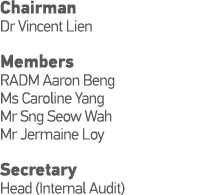 Chairman Dr Vincent Lien Members RADM Aaron Beng Ms Caroline Yang Mr Sng Seow Wah Mr Jermaine Loy             Secreta   