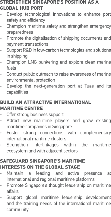 Strengthen Singapore s position as a global hub port   Develop technological innovations to enhance port  safety and    