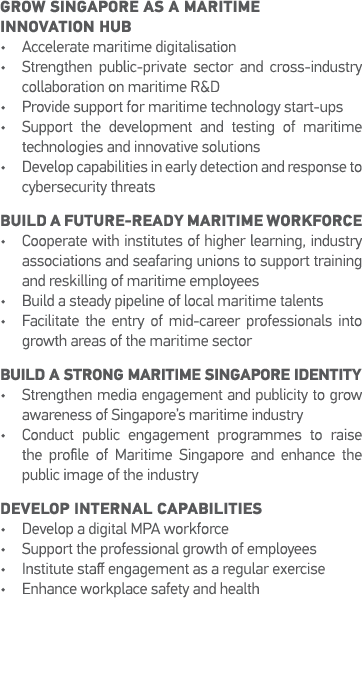 Grow Singapore as a maritime innovation hub   Accelerate maritime digitalisation   Strengthen public-private sector a   