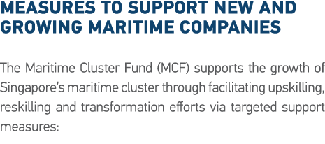 Measures To Support New and Growing Maritime Companies The Maritime Cluster Fund (MCF) supports the growth of Singapo   