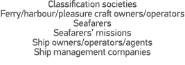 Classification societies Ferry harbour pleasure craft owners operators Seafarers Seafarers  missions Ship owners oper   