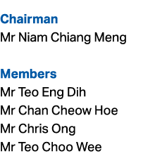 Chairman Mr Niam Chiang Meng Members Mr Teo Eng Dih Mr Chan Cheow Hoe Mr Chris Ong Mr Teo Choo Wee 