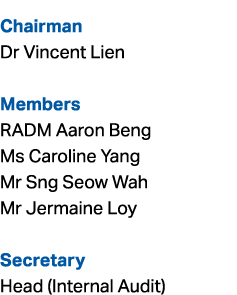 Chairman Dr Vincent Lien Members RADM Aaron Beng Ms Caroline Yang Mr Sng Seow Wah Mr Jermaine Loy Secretary Head (Int...