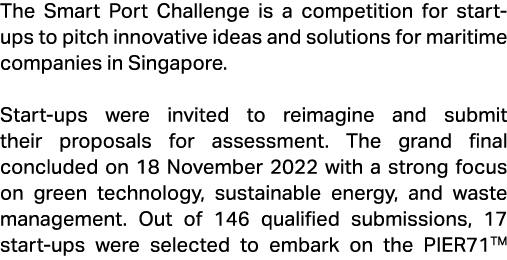 The Smart Port Challenge is a competition for start ups to pitch innovative ideas and solutions for maritime companie...