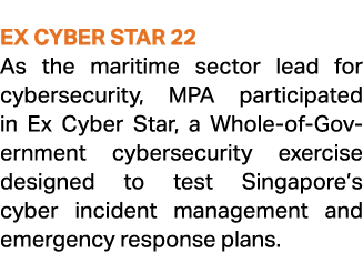  Ex Cyber Star 22 As the maritime sector lead for cybersecurity, MPA participated in Ex Cyber Star, a Whole of Govern...