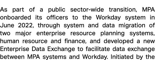 As part of a public sector wide transition, MPA onboarded its officers to the Workday system in June 2022, through sy...