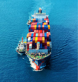 Aerial view of cargo ship with cargo container on sea.