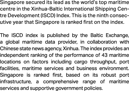 Singapore secured its lead as the world’s top maritime centre in the Xinhua Baltic International Shipping Centre Deve...