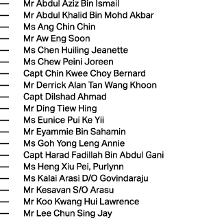 — Mr Abdul Aziz Bin Ismail — Mr Abdul Khalid Bin Mohd Akbar — Ms Ang Chin Chin — Mr Aw Eng Soon — Ms Chen Huiling Jea...