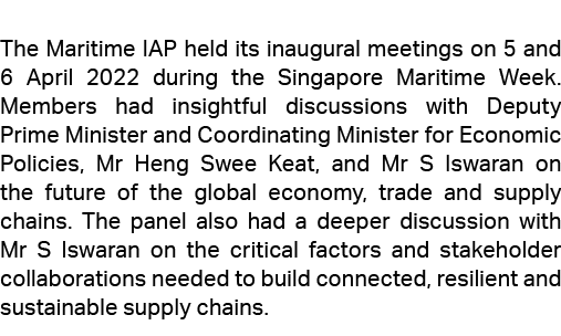  The Maritime IAP held its inaugural meetings on 5 and 6 April 2022 during the Singapore Maritime Week. Members had i...